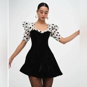 For Love and Lemons Black Velvet Polka Dot Puff Sleeved Dolly Dress, XXL 2X